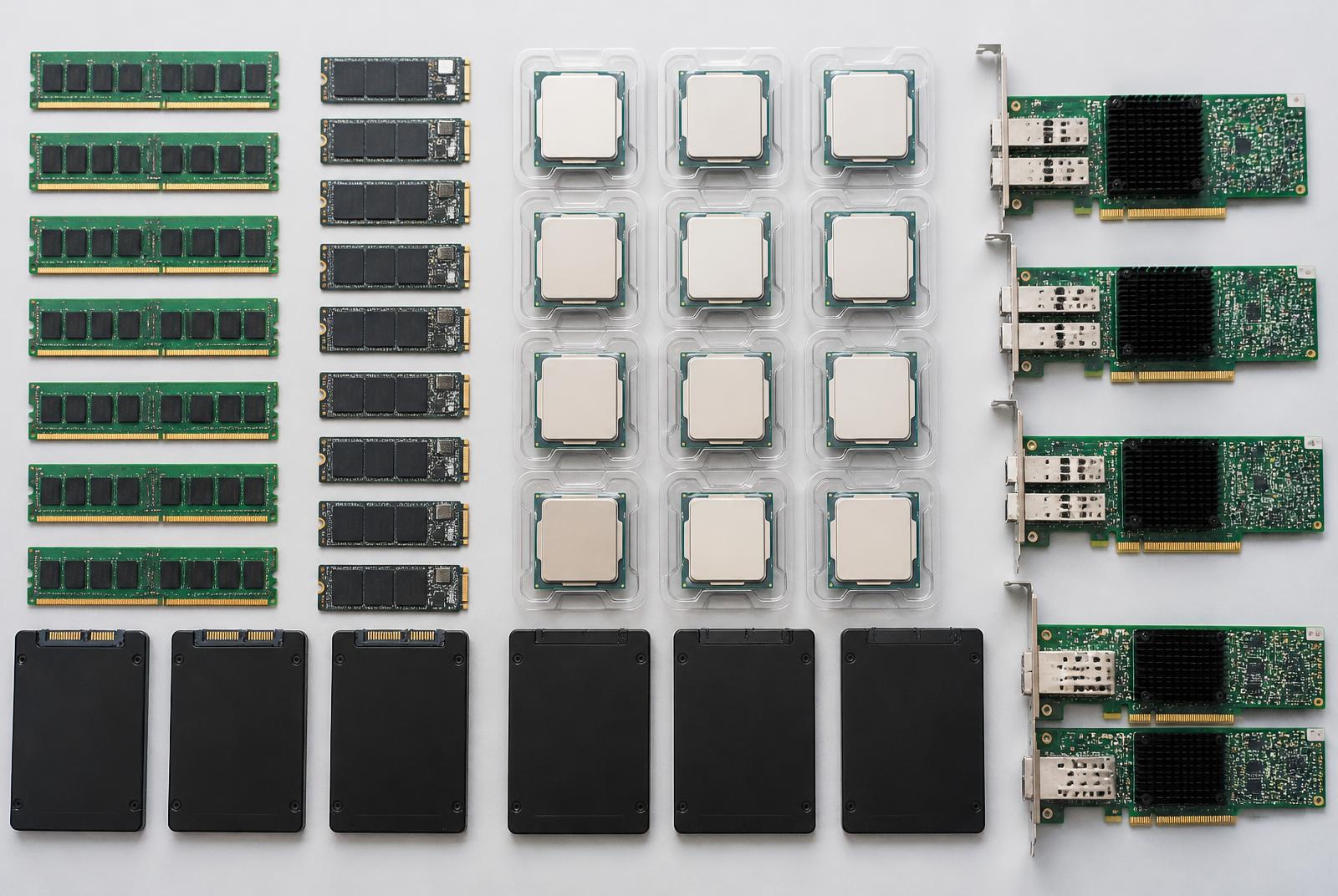 DRAM memory modules, flash storage modules, and processors arranged in rows